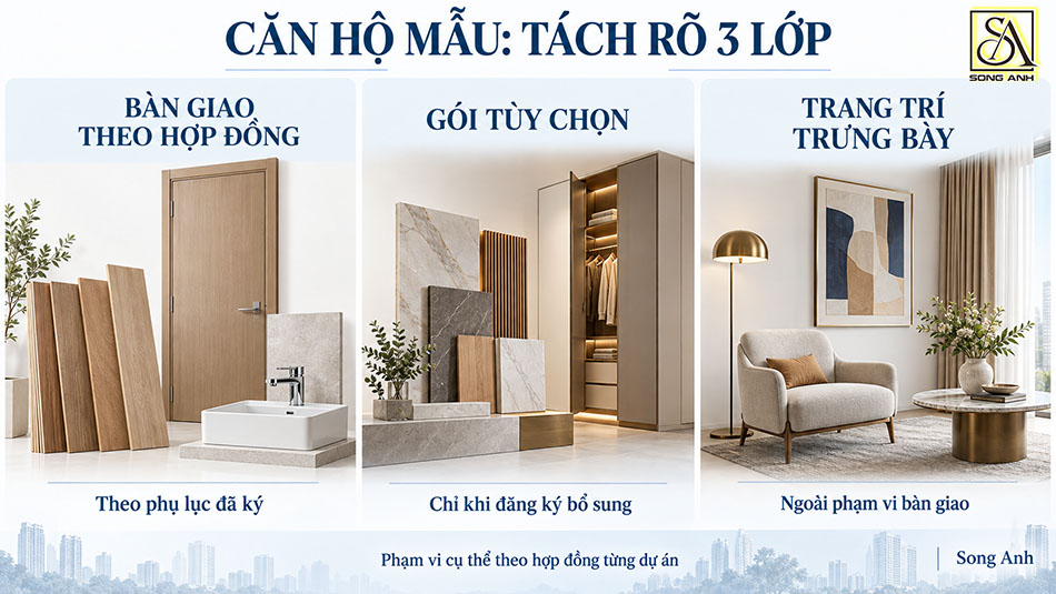  phân biệt ba lớp trong căn hộ mẫu: hạng mục theo hợp đồng, gói tùy chọn và đồ trang trí trưng bày.